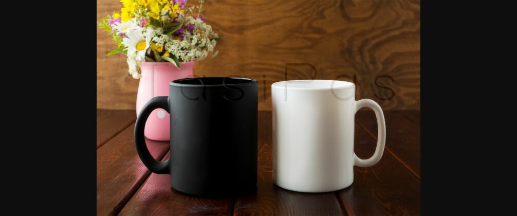 White and Black Mug Rustic Mockup with Wildflowers in Pink Vase Poster 4