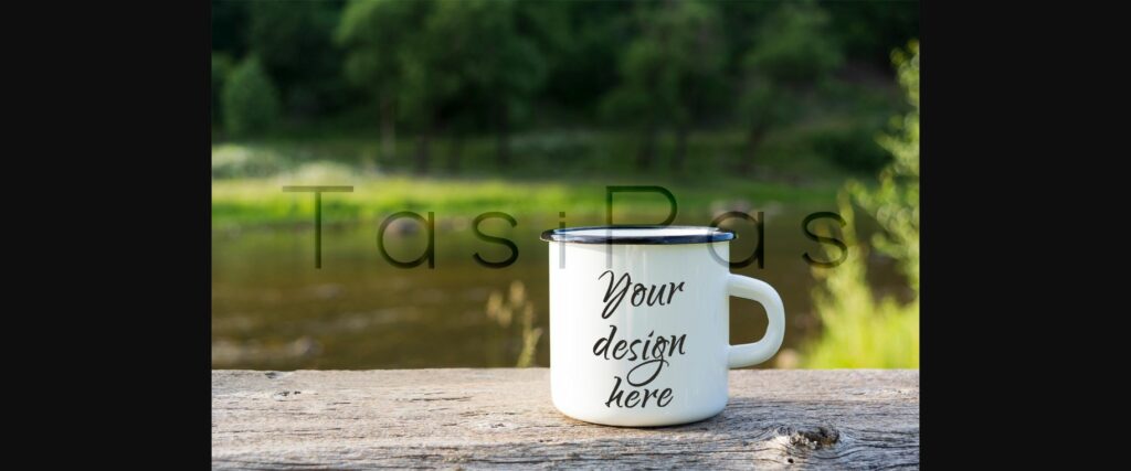 White Campfire Enamel Mug Mockup River View. Poster 4