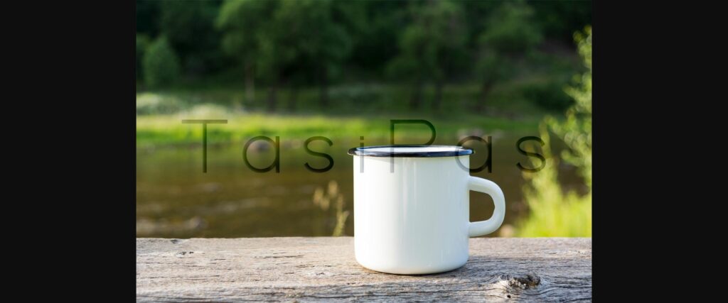 White Campfire Enamel Mug Mockup River View. Poster 5