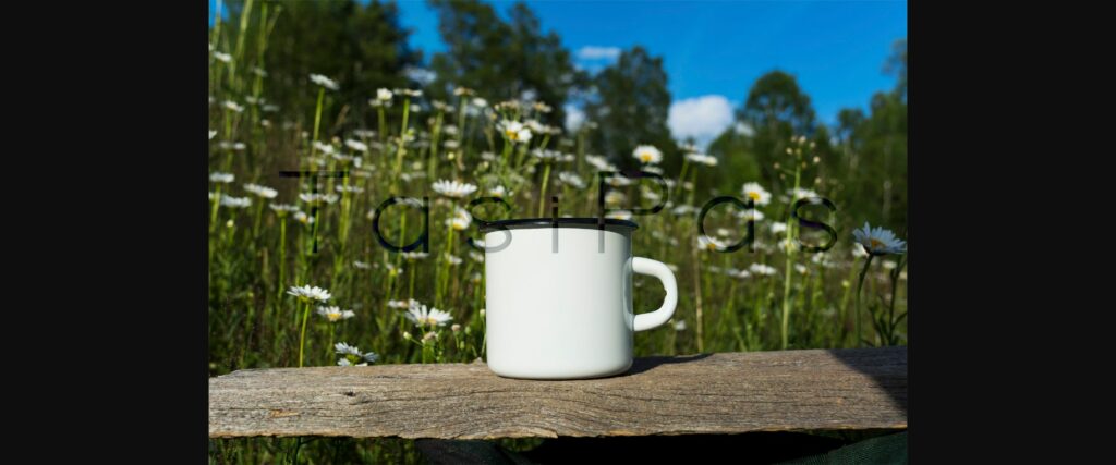 White Campfire Enamel Mug Mockup with Daisy Field. Poster 5