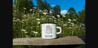 White Campfire Enamel Mug Mockup with Daisy Field. Poster 1