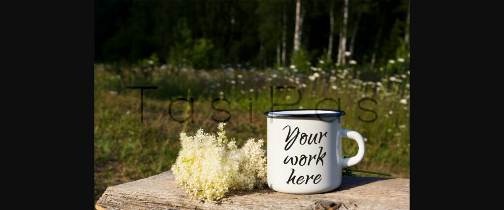 White Campfire Enamel Mug Mockup with White Flowers. Poster 4