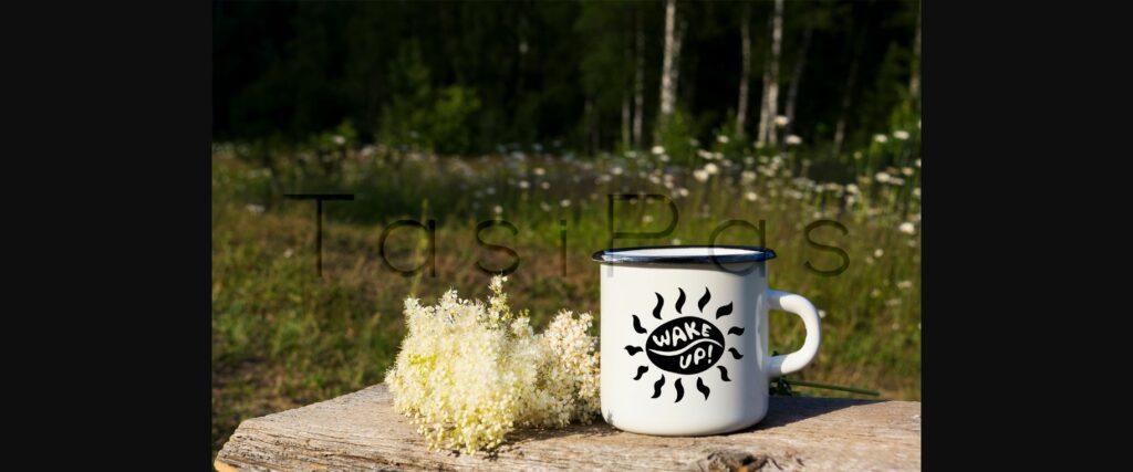 White Campfire Enamel Mug Mockup with White Flowers. Poster 1