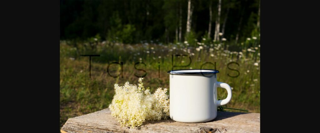 White Campfire Enamel Mug Mockup with White Flowers. Poster 5