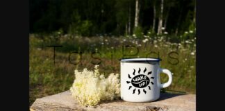 White Campfire Enamel Mug Mockup with White Flowers. Poster 1