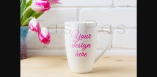 White Coffee Cappuccino Mug Mockup with Magenta Pink Tulips Poster 1