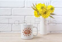 White Coffee Mug Mockup with Golden Ball Flower Poster 1