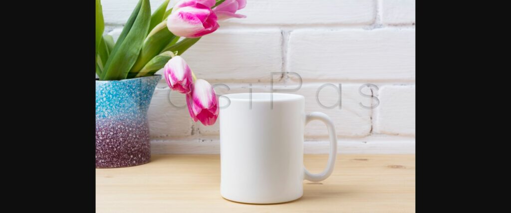 White Coffee Mug Mockup with Pink Tulip in Purple Blue Vase Poster 2