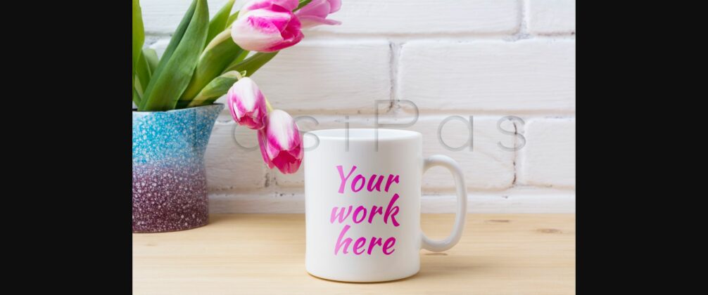 White Coffee Mug Mockup with Pink Tulip in Purple Blue Vase Poster 1