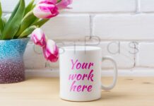 White Coffee Mug Mockup with Pink Tulip in Purple Blue Vase Poster 1