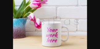 White Coffee Mug Mockup with Pink Tulip in Purple Blue Vase Poster 1