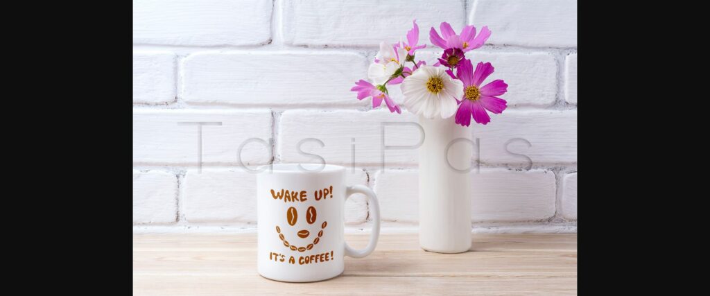 White Coffee Mug Mockup with White and Pink Daisy Poster 1