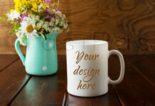 White Coffee Mug Rustic Mockup with Wildflowers in Mint Green Vase Poster 1