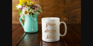 White Coffee Mug Rustic Mockup with Wildflowers in Mint Green Vase Poster 1