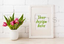 White Frame Mockup with Magenta Pink Tulip in the Flower Pot Poster 1