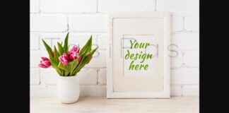 White Frame Mockup with Magenta Pink Tulip in the Flower Pot Poster 1