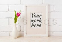 White Frame Mockup with Magenta Pink Tulips Poster 1