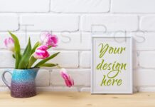 White Frame Mockup with Pink Tulip Poster 1