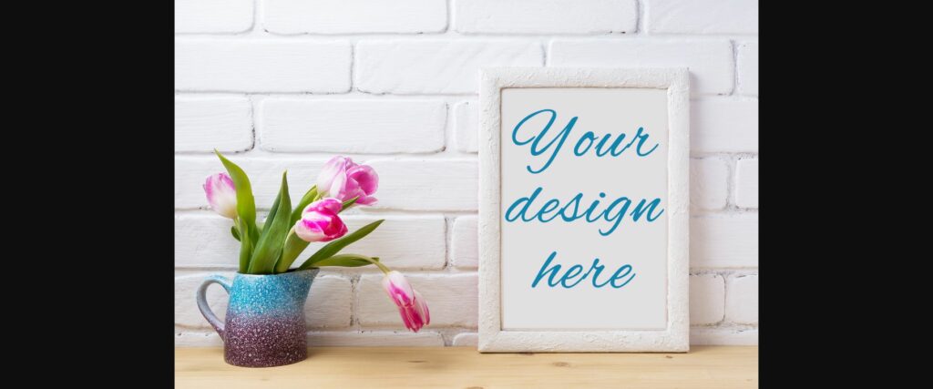 White Frame Mockup with Pink Tulip in Blue Pitcher Poster 4