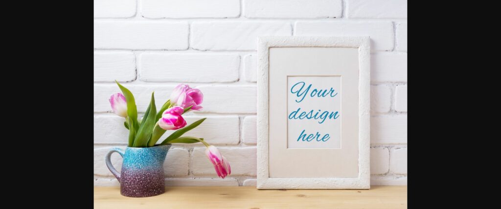 White Frame Mockup with Pink Tulip in Blue Pitcher Poster 1