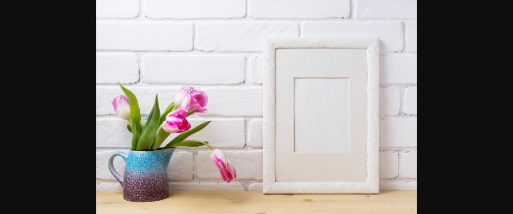 White Frame Mockup with Pink Tulip in Blue Pitcher Poster 5