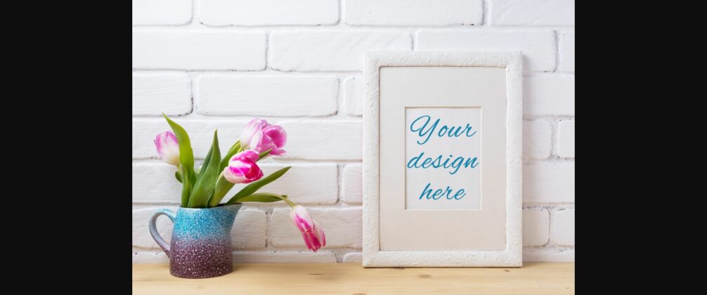 White Frame Mockup with Pink Tulip in Blue Pitcher Poster 3