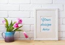 White Frame Mockup with Pink Tulip in Blue Pitcher Poster 1