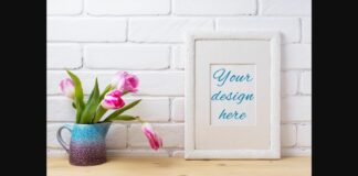 White Frame Mockup with Pink Tulip in Blue Pitcher Poster 1