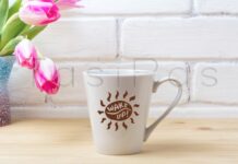 White Latte Mug Mockup with Magenta Tulip Poster 1