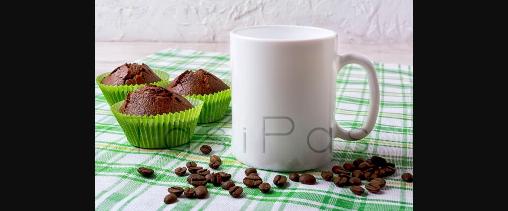 White Mug Mockup with Chocolate Muffins on Green Checkered Napkin Poster 4