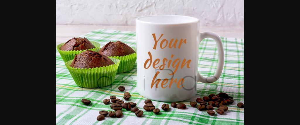 White Mug Mockup with Chocolate Muffins on Green Checkered Napkin Poster 1