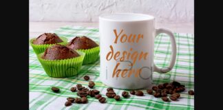 White Mug Mockup with Chocolate Muffins on Green Checkered Napkin Poster 1