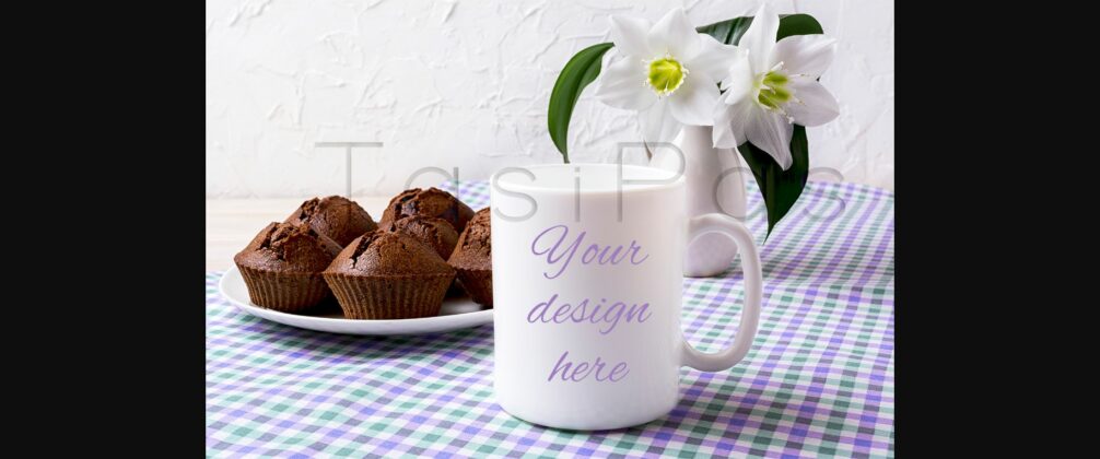 White Mug Mockup with Chocolate Muffins on Plate Poster 1