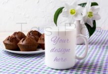 White Mug Mockup with Chocolate Muffins on Plate Poster 1