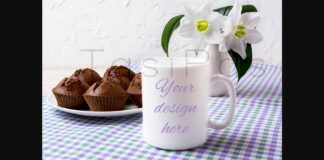 White Mug Mockup with Chocolate Muffins on Plate Poster 1