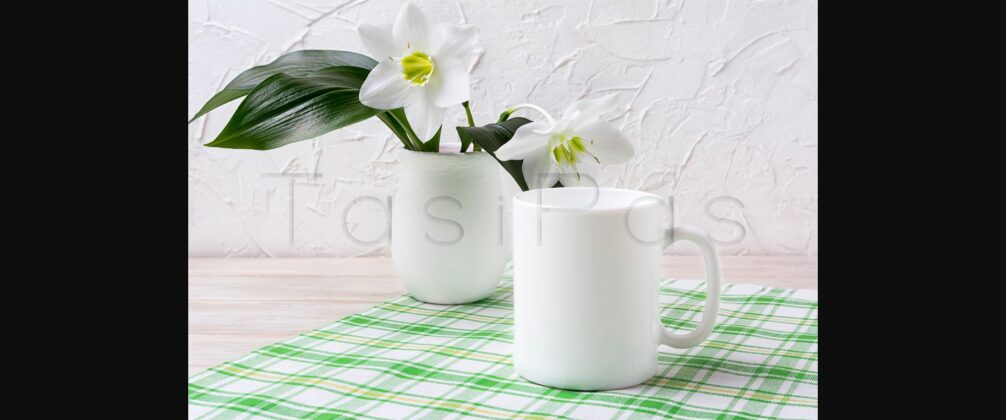 White Mug Mockup with Lily in Vase on Green Checkered Napkin Poster 4