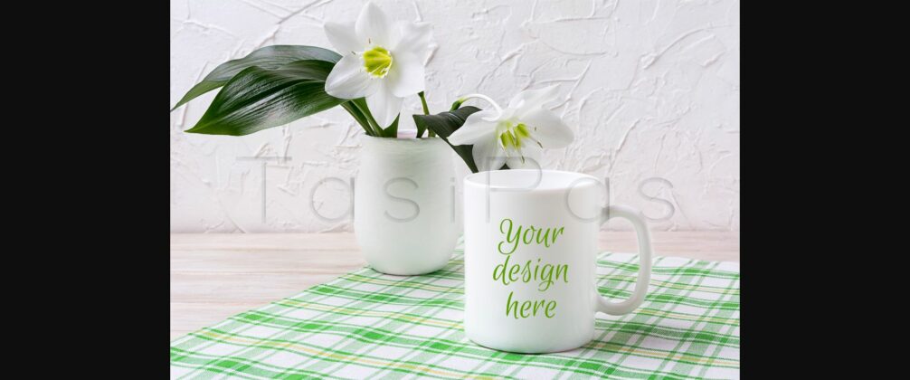 White Mug Mockup with Lily in Vase on Green Checkered Napkin Poster 1