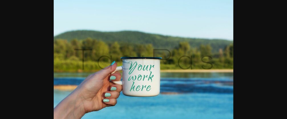 Woman Holding Enamel Mug with River View Poster 1