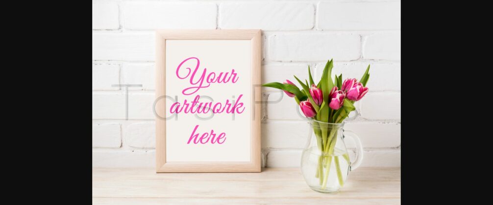 Wooden Frame Mockup with Magenta Pink Tulips in Glass Pitcher Jar Poster 4