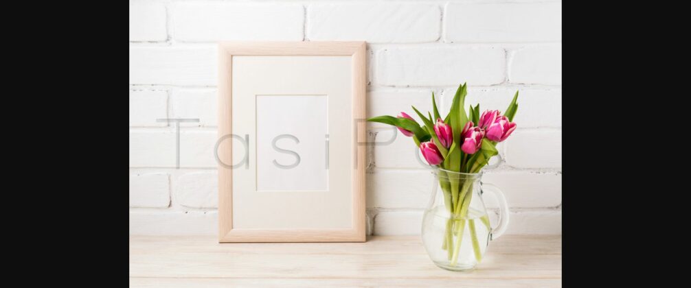 Wooden Frame Mockup with Magenta Pink Tulips in Glass Pitcher Jar Poster 5