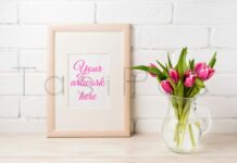 Wooden Frame Mockup with Magenta Pink Tulips in Glass Pitcher Jar Poster 1