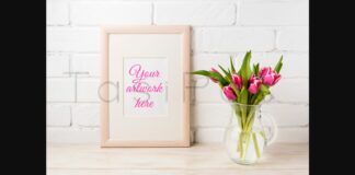 Wooden Frame Mockup with Magenta Pink Tulips in Glass Pitcher Jar Poster 1