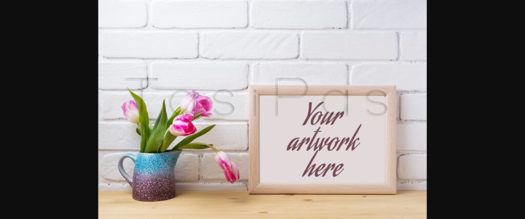 Wooden Landscape Frame Mockup with Pink Tulip in Purple Pitcher. Poster 4