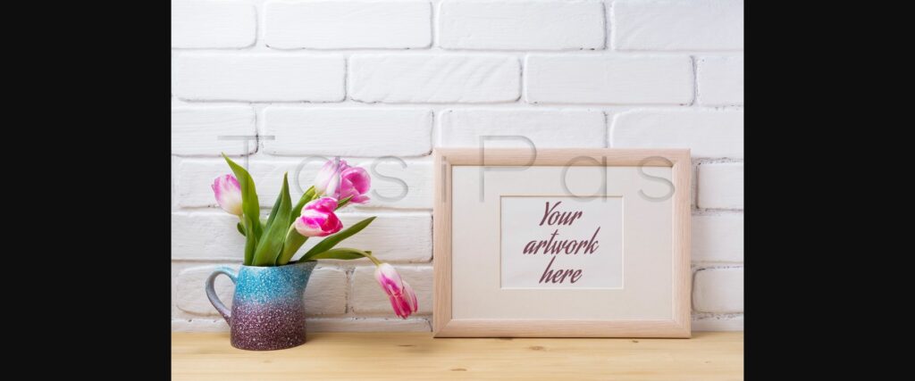 Wooden Landscape Frame Mockup with Pink Tulip in Purple Pitcher. Poster 1