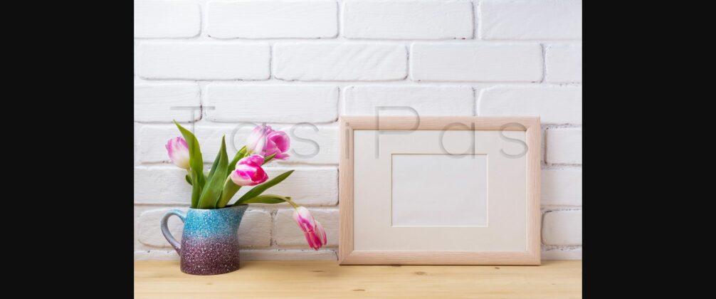 Wooden Landscape Frame Mockup with Pink Tulip in Purple Pitcher. Poster 5