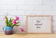 Wooden Landscape Frame Mockup with Pink Tulip in Purple Pitcher. Poster 1
