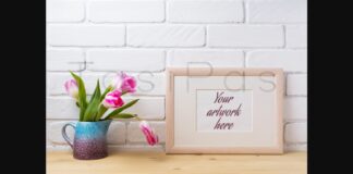 Wooden Landscape Frame Mockup with Pink Tulip in Purple Pitcher. Poster 1